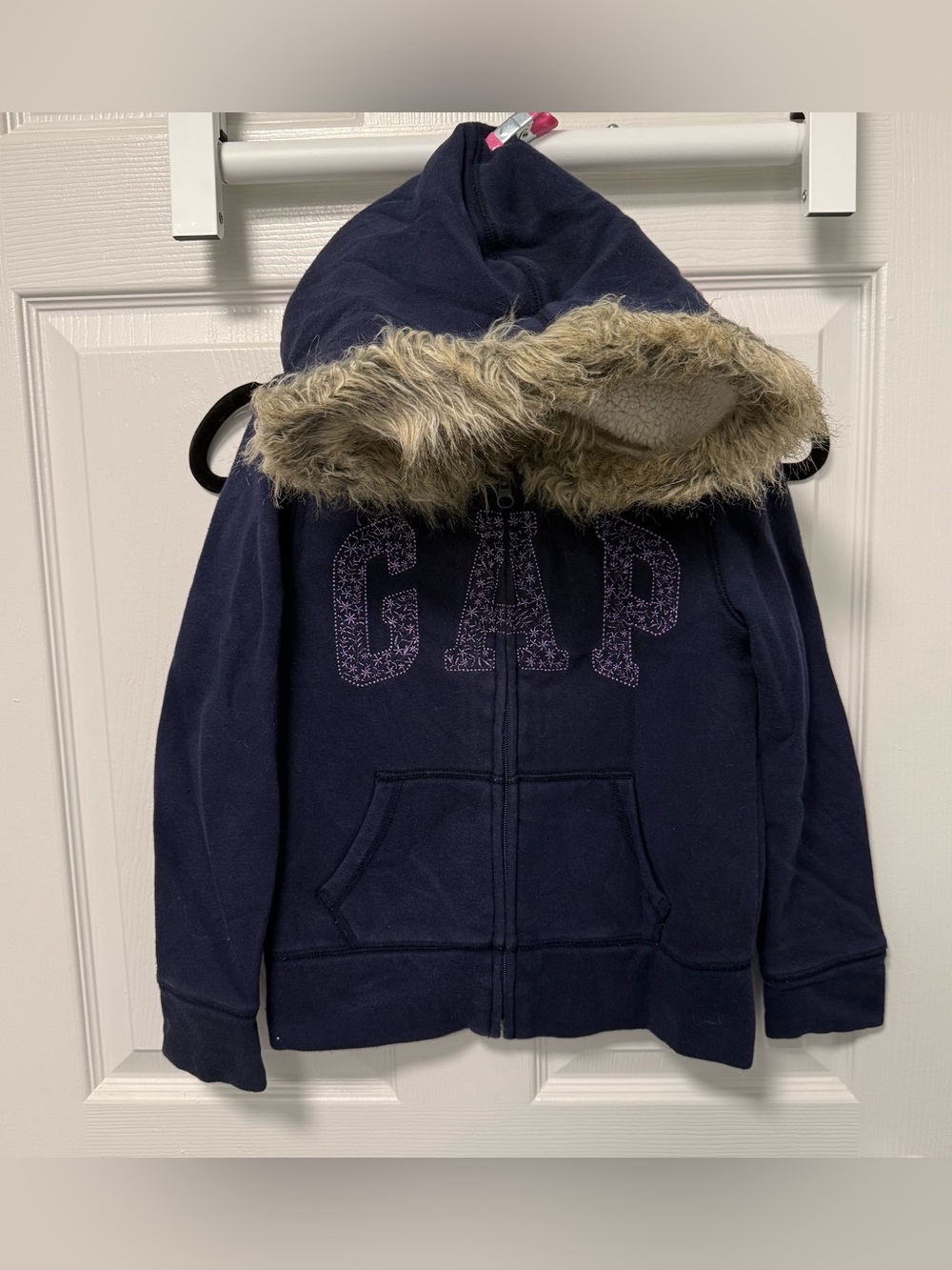 Gap Kids Girls Logo Faux Fur Hooded Sweatshirt Cozy Lined Jacket Coat Sz Med